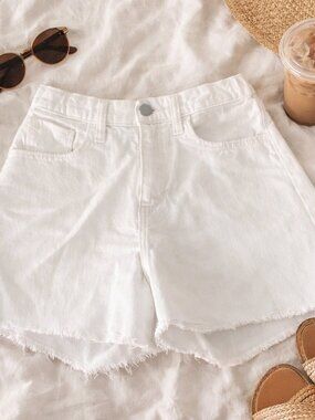High Rise White Denim Cutoff Shorts Raw Hem Summer Coastal Size 14